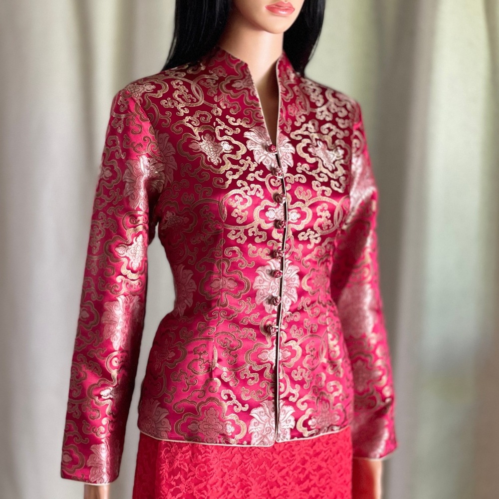 Vintage Red Gold 100% Silk Brocade Mandarin Collar Oriental Jacket Womens M